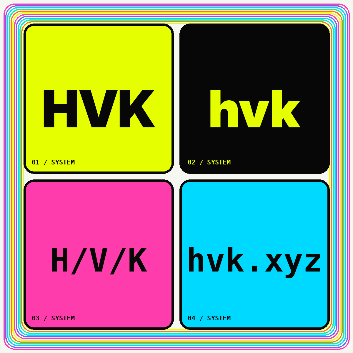 Four original HVK typographic logo treatments arranged in a neon grid